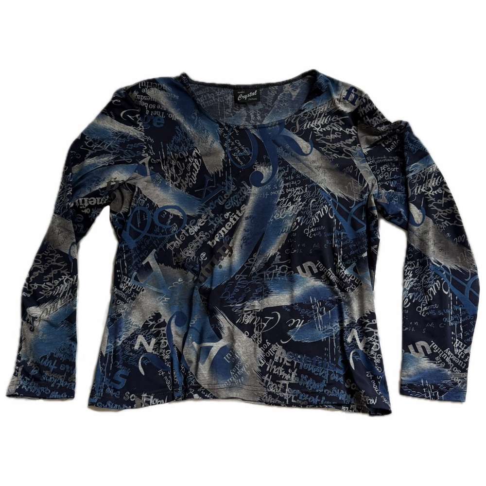 Y2K Blue Graphic Script Top | Abstract Print Long Sleeve | Crystal Fashions
